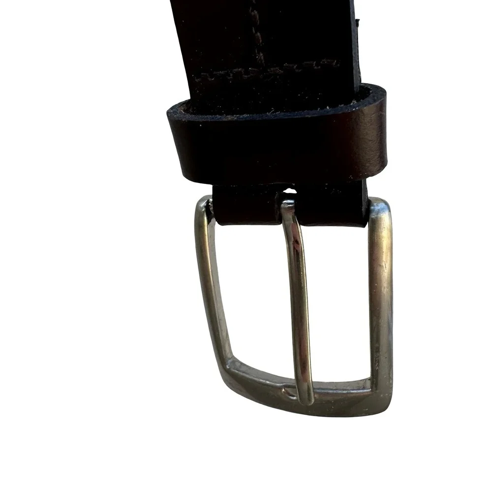 Mens Minimalist Workwear Americana Brown Genuine Leather Belt Silver Buckle L